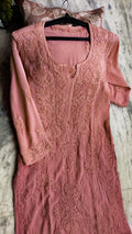 Chestnut-colored LVW Fashions handmade Chikankari long kurta with intricate luxury embroidery, soft pure cotton fabric, and traditional craftsmanship.