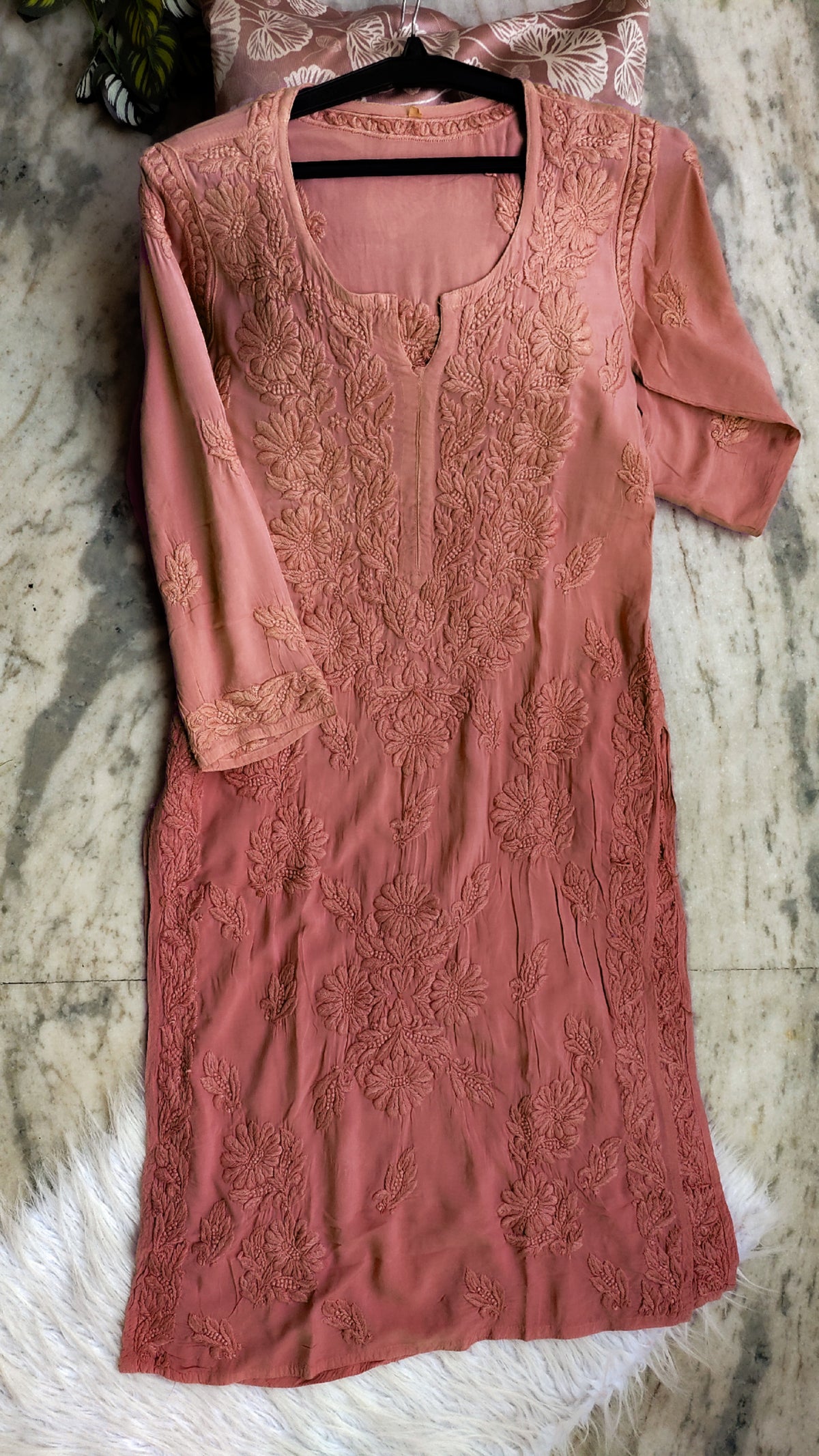 Chestnut premium soft handmade Chikankari long kurta by LVW Fashions featuring intricate Lucknow embroidery.