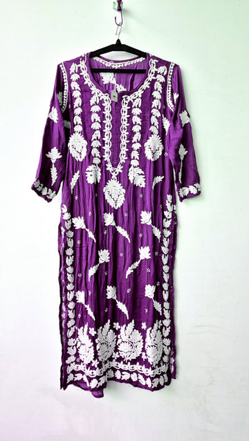Purple silk Chikankari long kurta by LVW Fashions featuring intricate handmade Lucknow Chikankari embroidery.