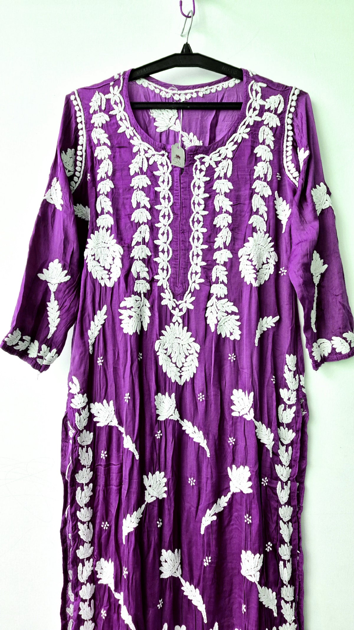 Purple silk long kurta with intricate handmade Lucknow chikankari embroidery by LVW Fashions, perfect for Christmas celebrations.