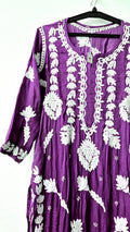 Purple silk Chikankari long kurta by LVW Fashions, handmade Lucknow embroidery, elegant Christmas-themed traditional kurta.