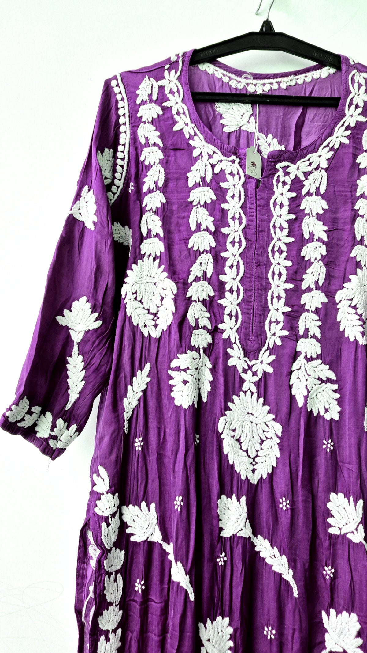 Purple silk Chikankari long kurta by LVW Fashions, handmade Lucknow embroidery, elegant Christmas-themed traditional kurta.