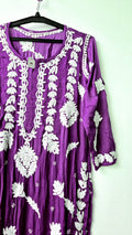 Purple silk long kurta with intricate handmade Lucknow chikankari embroidery by LVW Fashions for festive occasions.