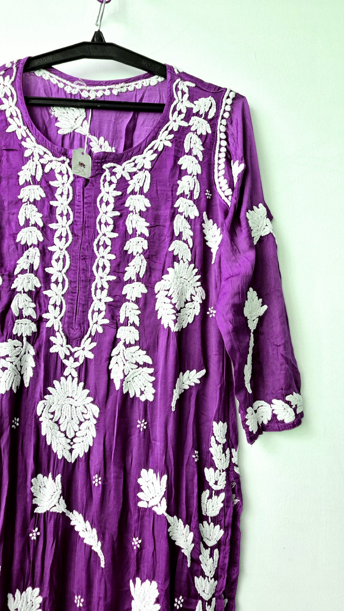 Purple silk long kurta with intricate handmade Lucknow chikankari embroidery by LVW Fashions for festive occasions.