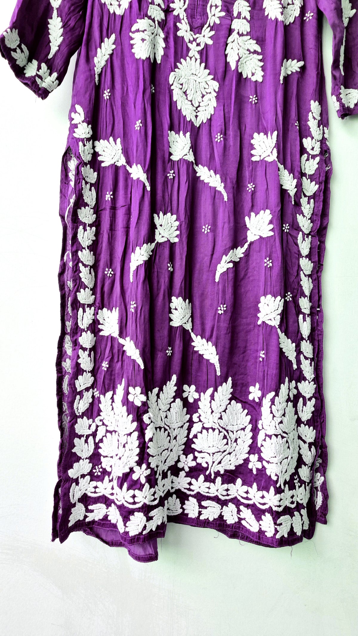 Purple silk chikankari long kurta from LVW Fashions, handmade in Lucknow with intricate embroidery for festive occasions.
