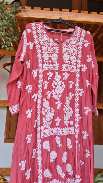 Cinnamon premium silk long tunic with intricate handmade Lucknow chikankari embroidery by LVW Fashions.