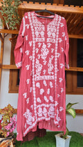 Cinnamon premium silk long tunic with intricate handmade Lucknow Chikankari embroidery by LVW Fashions.