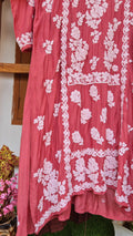 Cinnamon silk chikankari long tunic by LVW Fashions featuring intricate handmade Lucknow chikankari embroidery.