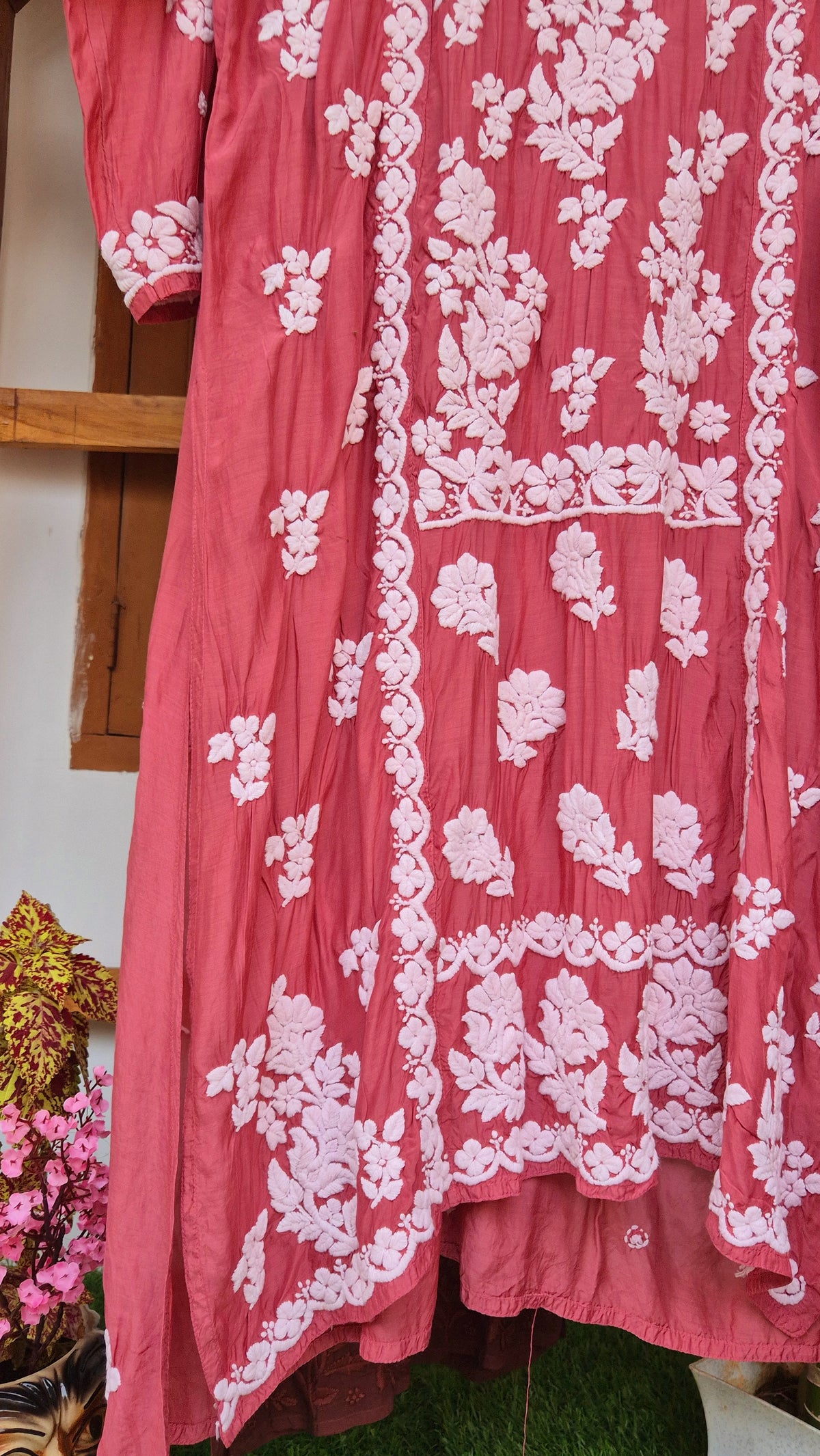 Cinnamon silk chikankari long tunic by LVW Fashions featuring intricate handmade Lucknow chikankari embroidery.