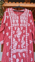 Cinnamon premium silk long tunic with intricate handmade Lucknow chikankari embroidery by LVW Fashions, showcasing detailed craftsmanship.