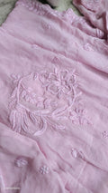 Classic pink floral georgette chikankari kurta by LVW Fashions, handcrafted Lucknow chikankari with intricate embroidery.