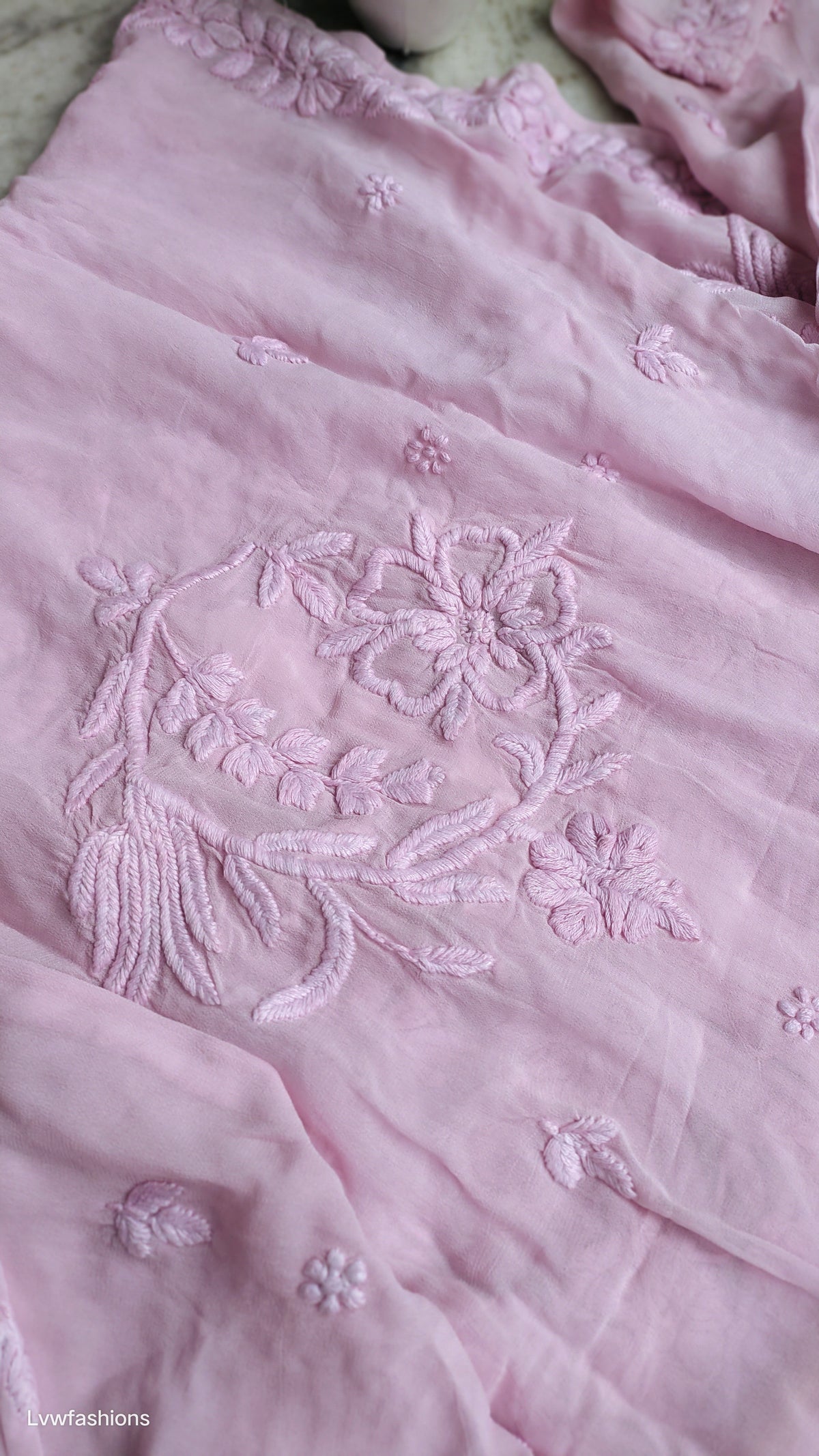 Classic pink floral georgette chikankari kurta by LVW Fashions, handcrafted Lucknow chikankari with intricate embroidery.
