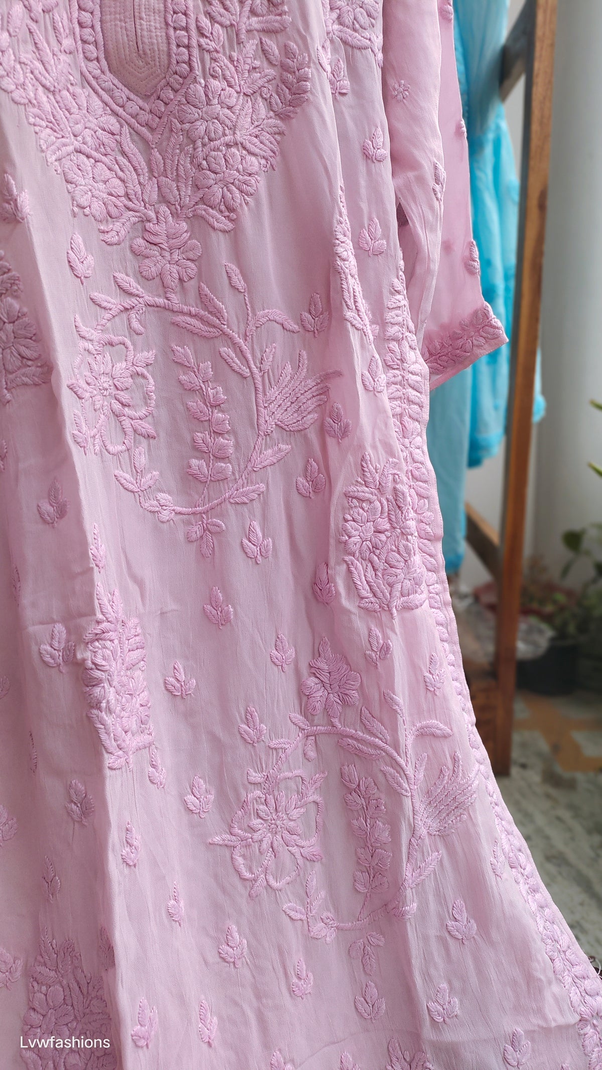 Classic pink Georgette floral Chikankari Kurta by LVW Fashions, handmade Lucknow chikankari with intricate embroidery.