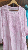 Pink premium georgette floral Chikankari kurta by LVW Fashions, handmade Lucknow chikankari with elegant embroidery.