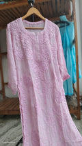 Classic pink Georgette floral Chikankari kurta by LVW Fashions, handcrafted in Lucknow with intricate embroidery.