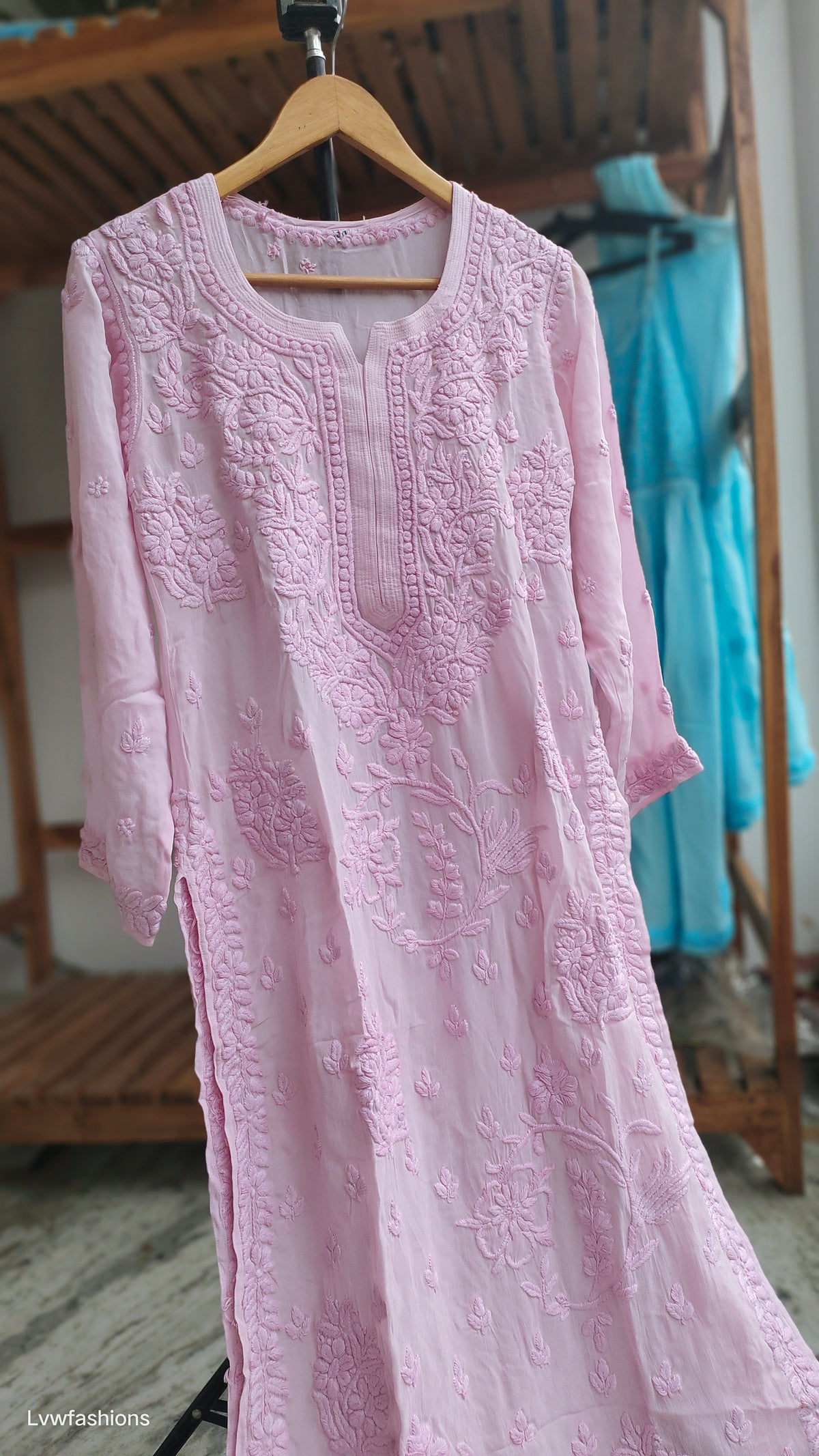 Classic pink Georgette floral Chikankari kurta by LVW Fashions, handcrafted in Lucknow with intricate embroidery.