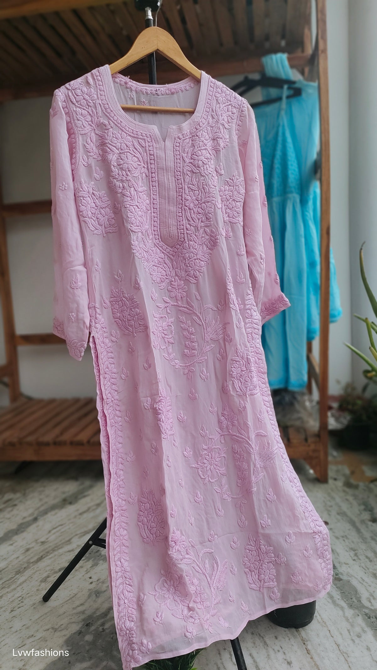 Pink floral Georgette Chikankari kurta by LVW Fashions, handmade Lucknow chikankari with intricate embroidery.