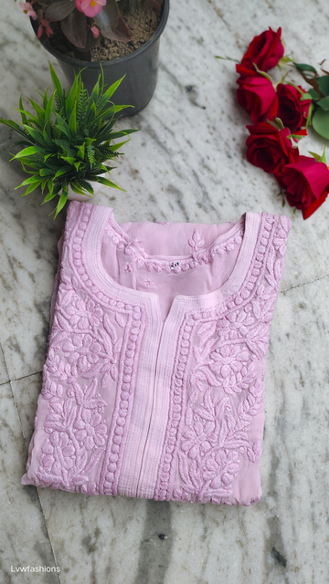 Elegant pink floral Georgette Kurta with intricate Lucknow chikankari embroidery by LVW Fashions, handmade traditional Indian attire.