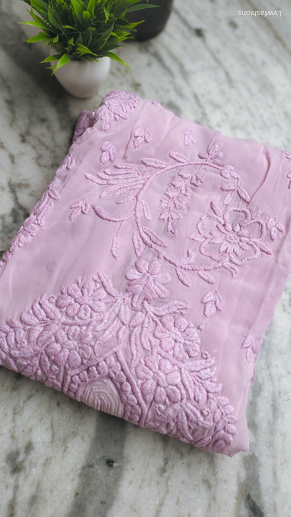 Pink premium georgette floral Chikankari Kurta by LVW Fashions, handmade Lucknow Chikankari with intricate embroidery.