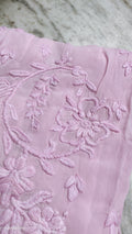 Classic pink premium georgette floral Chikankari kurta by LVW Fashions, handcrafted Lucknow Chikankari with intricate embroidery.