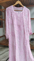 Classic pink premium georgette floral Chikankari kurta by LVW Fashions, handcrafted Lucknow Chikankari, featuring intricate embroidery.