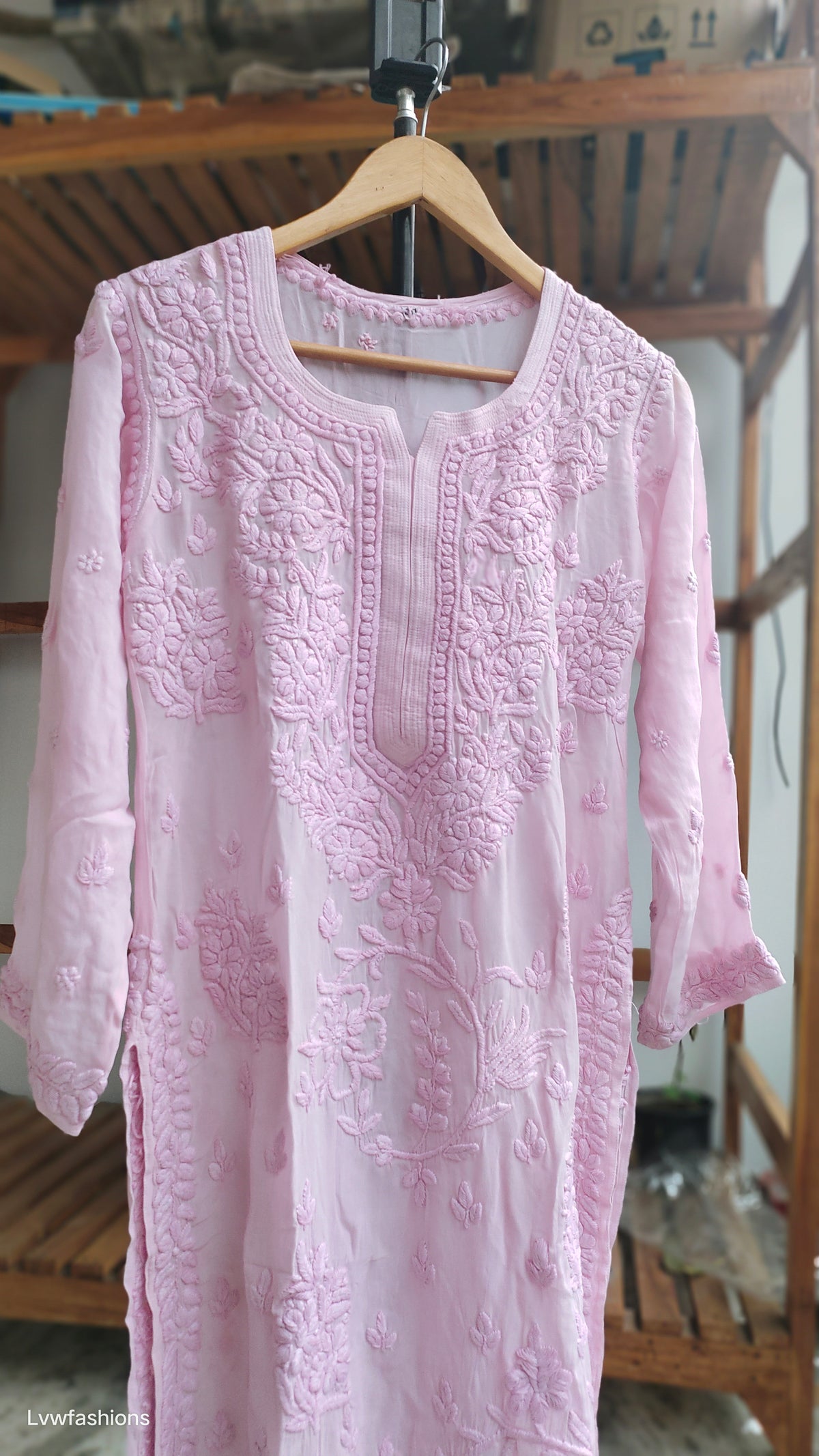 Classic pink premium georgette floral Chikankari kurta by LVW Fashions, featuring intricate handmade Lucknow embroidery.
