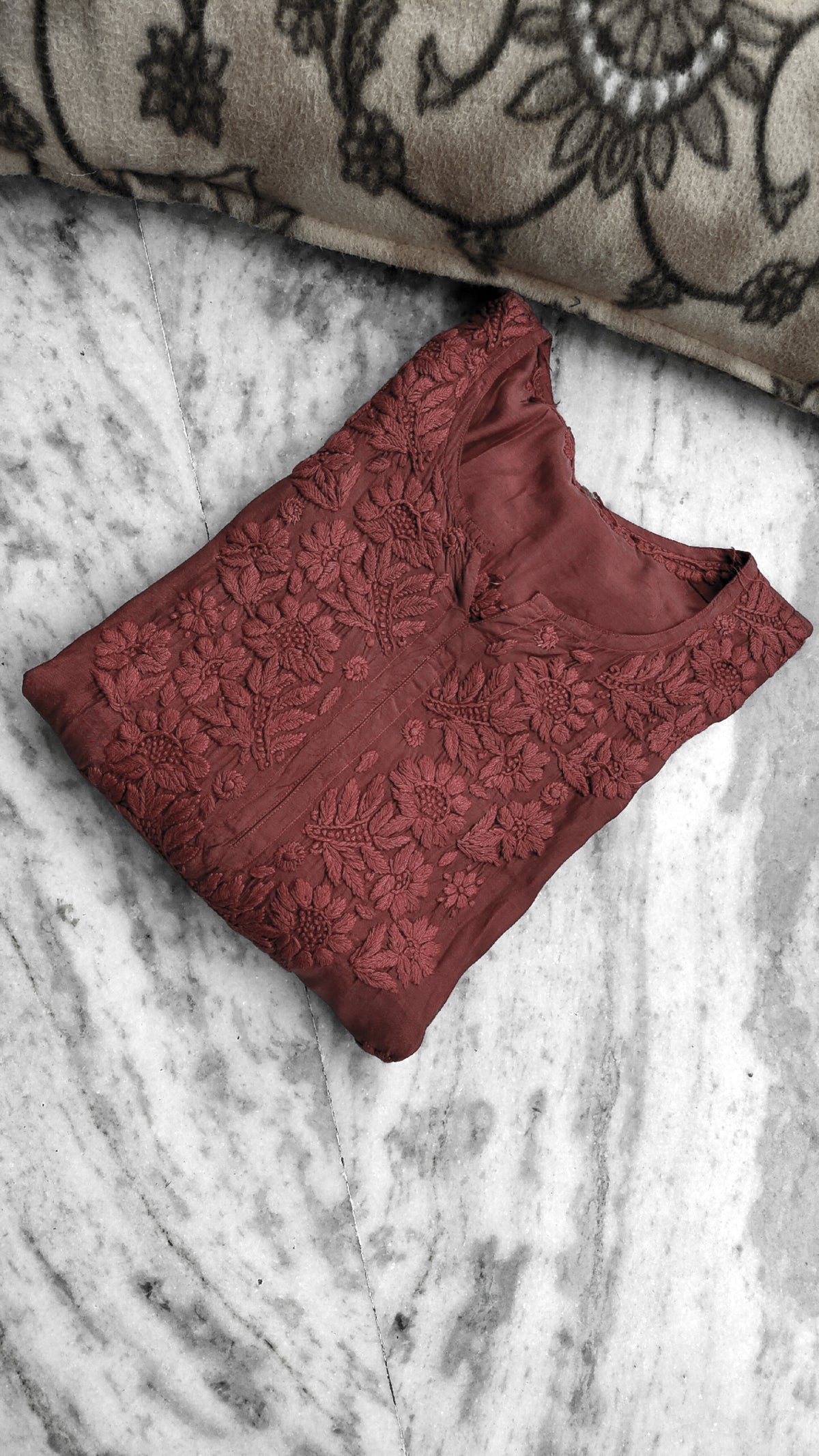 Cordovan premium modal soft chikankari kurta by LVW Fashions, featuring intricate handmade Lucknow embroidery and pure craftsmanship.