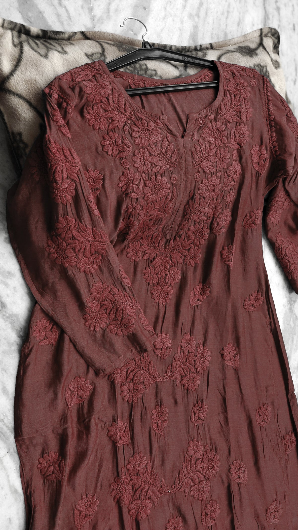 Cordovan premium modal soft chikankari kurta by LVW Fashions with pure handmade embroidery, Lucknow chikankari style, XXS size.