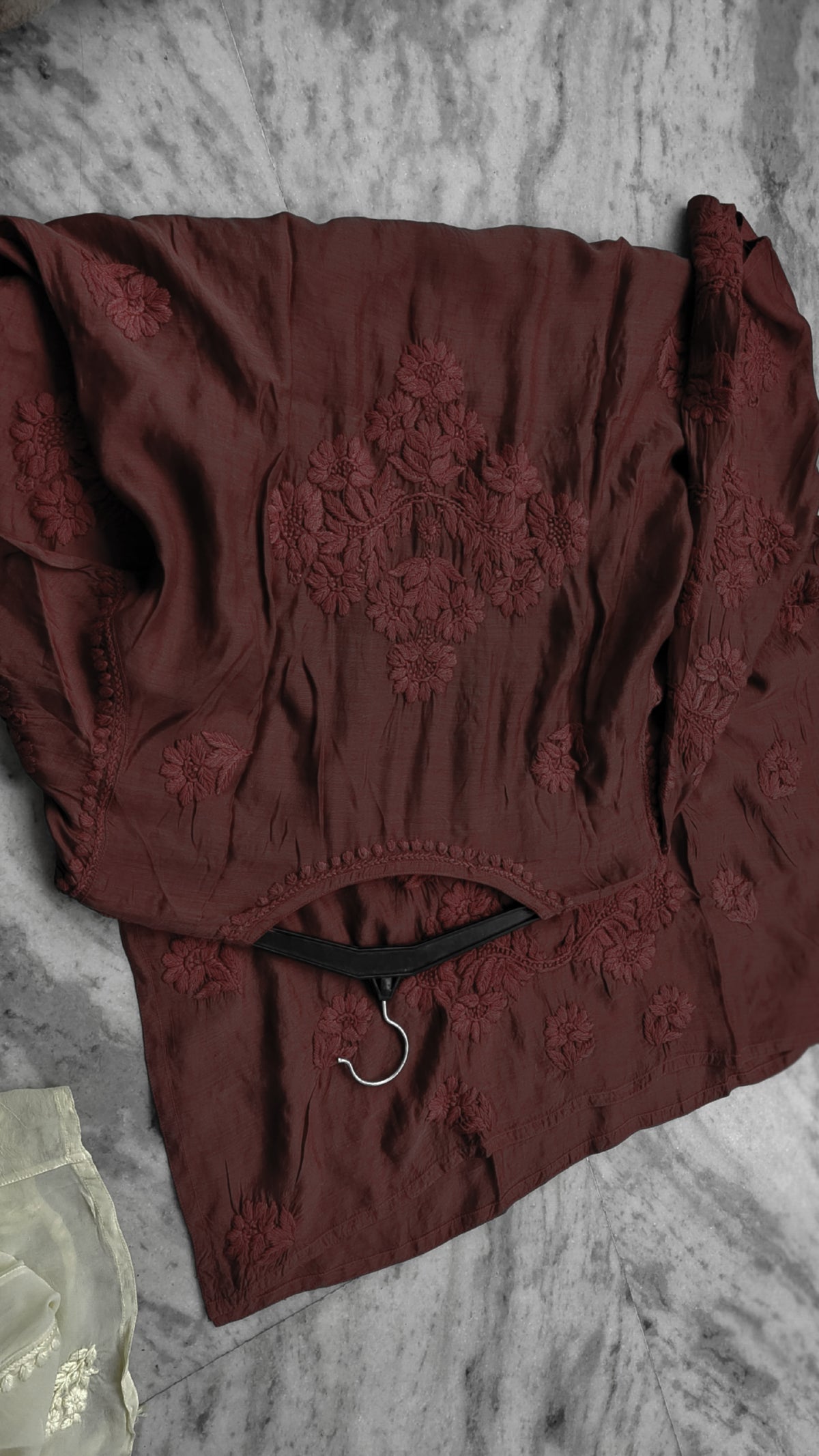 Cordovan premium modal chikankari kurta by LVW Fashions featuring soft, handmade embroidery and traditional Lucknow chikankari design.