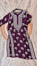 Deep red Cosmos premium cotton long Chikankari Kurti for women, handmade by LVW Fashions with intricate Lucknow embroidery.