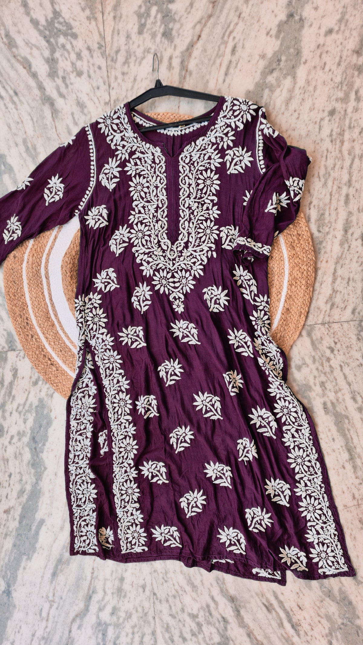Deep red Cosmos premium cotton long Chikankari Kurti for women, handmade by LVW Fashions with intricate Lucknow embroidery.