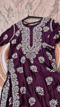 Deep red Cosmos Premium Cotton Chikankari long kurti for women, handcrafted by LVW Fashions with luxurious Lucknow chikankari embroidery.