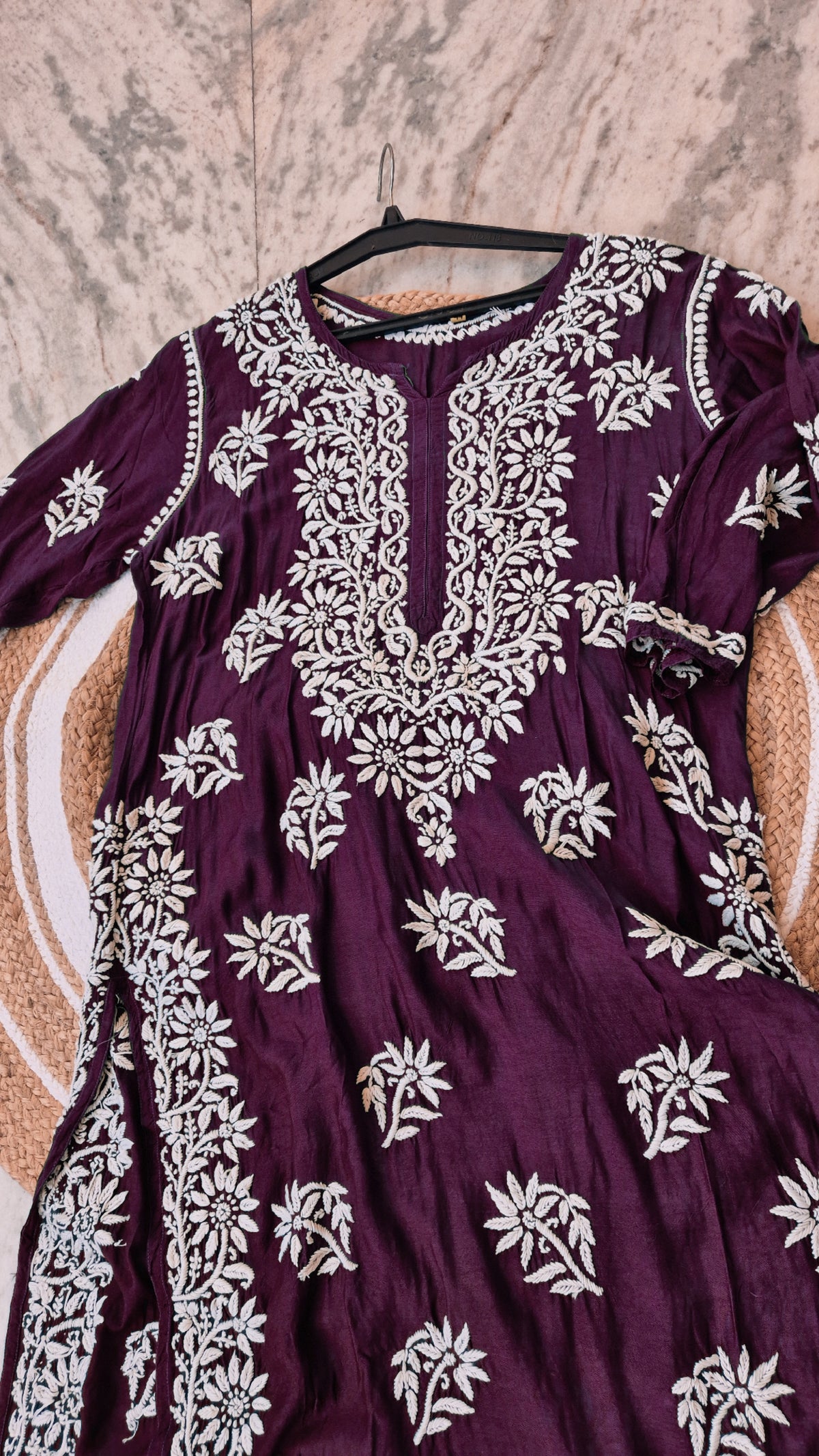 Deep red Cosmos Premium Cotton Chikankari long kurti for women, handcrafted by LVW Fashions with luxurious Lucknow chikankari embroidery.