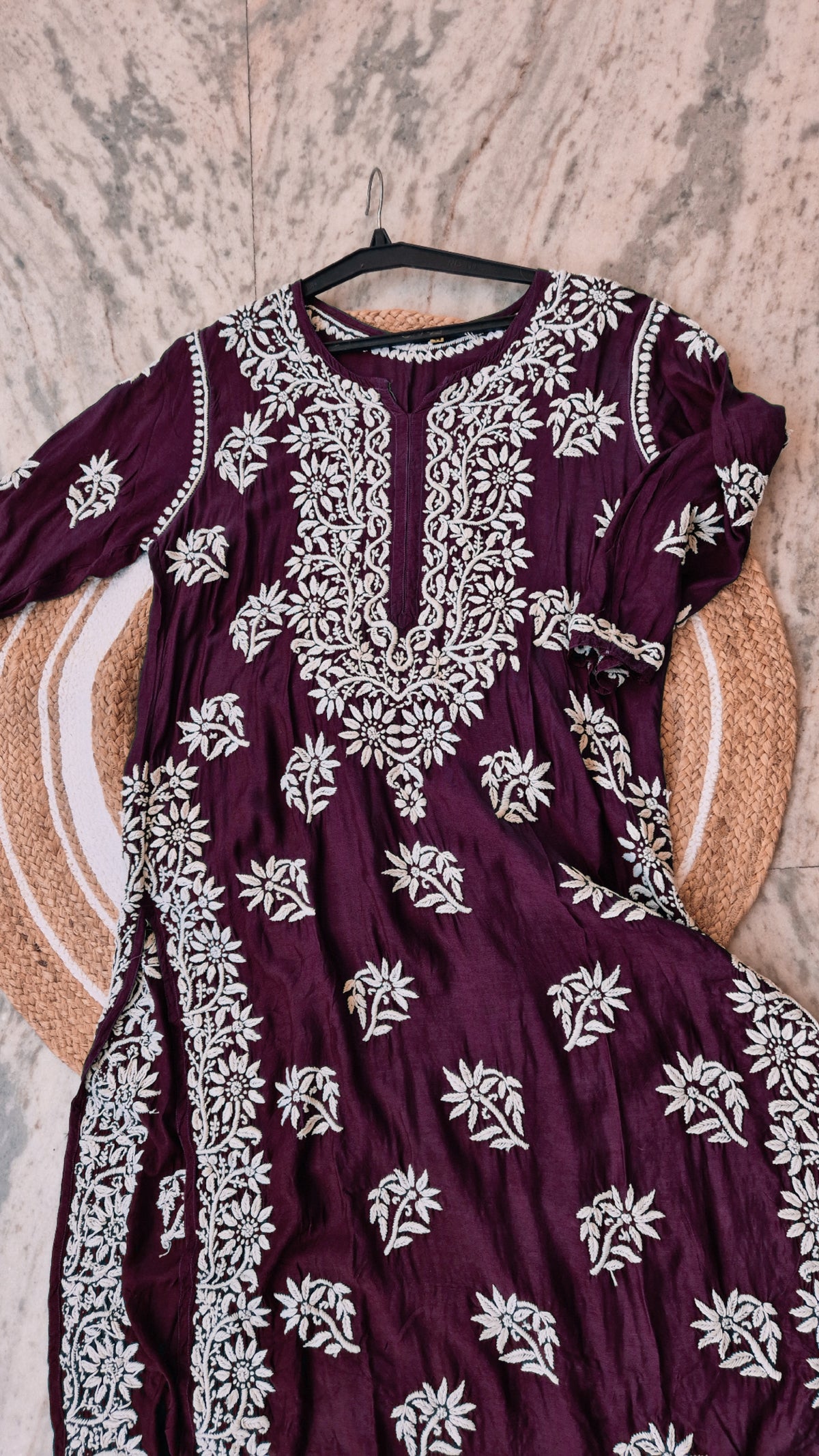 Deep red Cosmos Premium Cotton Chikankari long kurti for women, handmade by LVW Fashions with luxurious Lucknow embroidery.