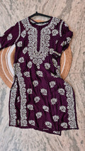 Deep red Cosmos Premium Cotton Chikankari long Kurti for women, handmade by LVW Fashions with luxurious Lucknow embroidery.