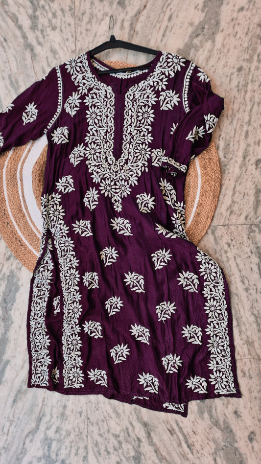 Deep red Cosmos Premium Cotton Chikankari long Kurti for women, handmade by LVW Fashions with luxurious Lucknow embroidery.