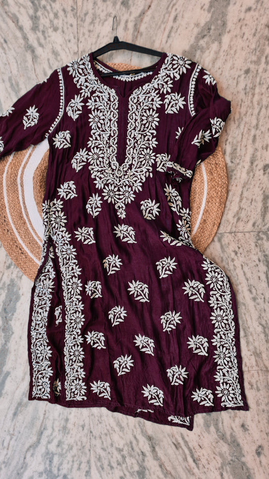 Deep red Cosmos Premium Cotton Chikankari long kurti for women by LVW Fashions, handmade Lucknow chikankari design.