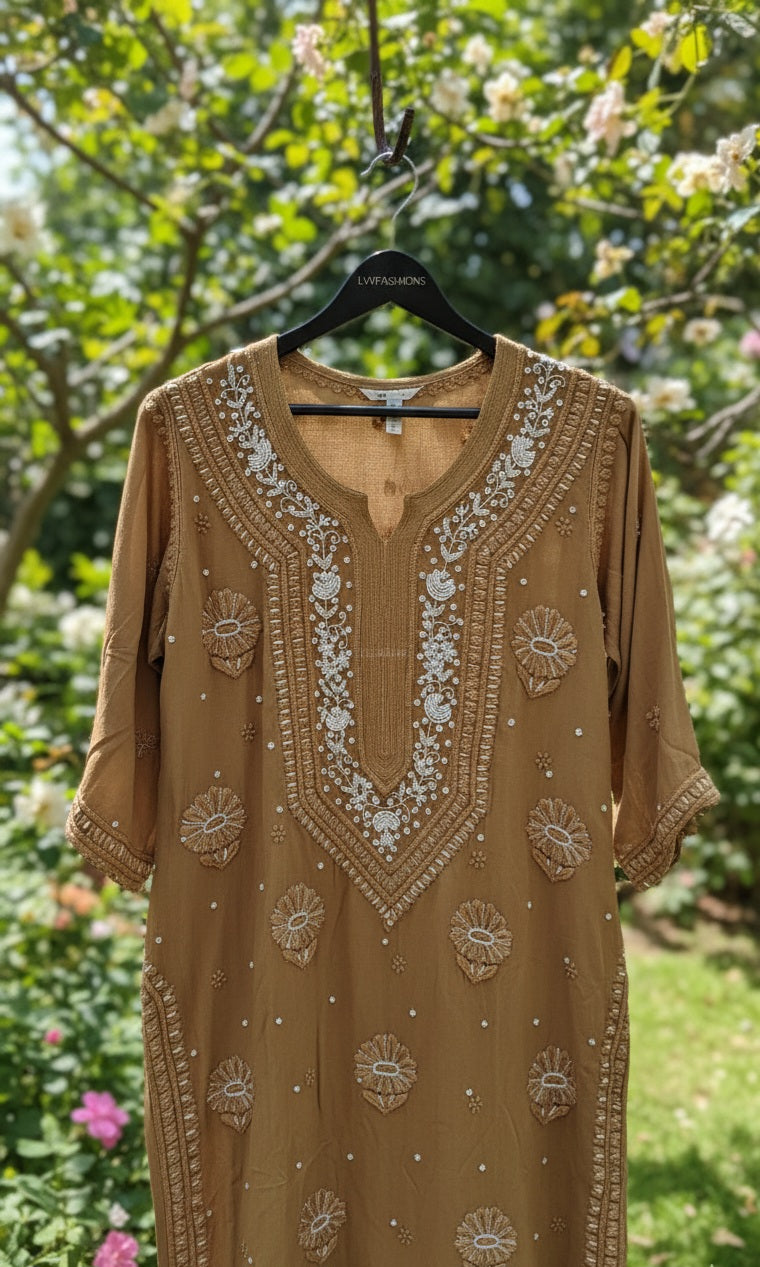 Dark brown Noori premium georgette Chikankari kurta with intricate Cutdana embroidery by LVW Fashions, handmade Lucknow Chikankari.