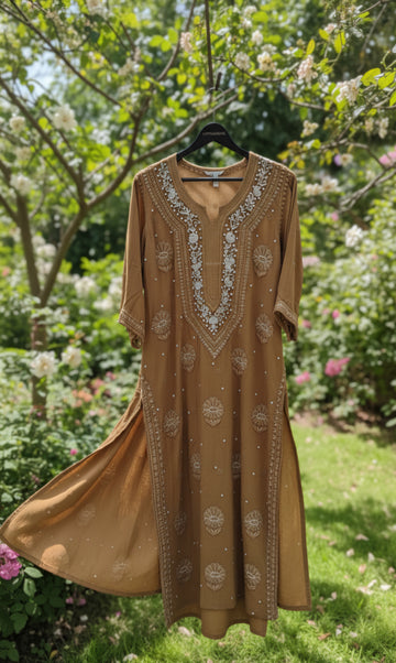 Dark brown Noori premium georgette Chikankari Kurta with intricate Cutdana embroidery, handmade Lucknow Chikankari by LVW Fashions.