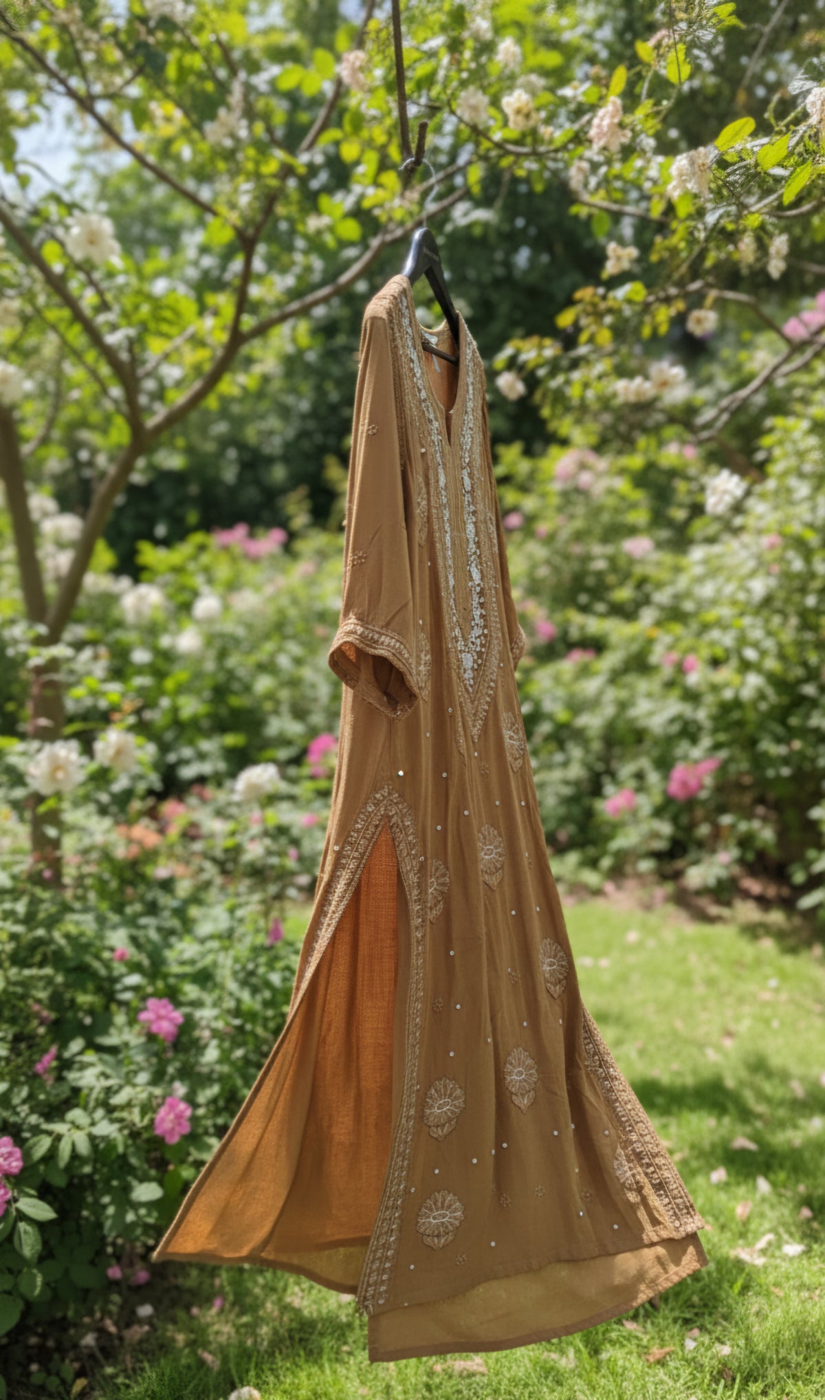 Dark brown Noori premium georgette Chikankari kurta with intricate Cutdana embroidery, handmade by LVW Fashions from Lucknow.