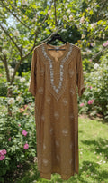 Dark brown Noori premium georgette Chikankari kurta with cutdana embroidery, handmade Lucknow Chikankari by LVW Fashions.