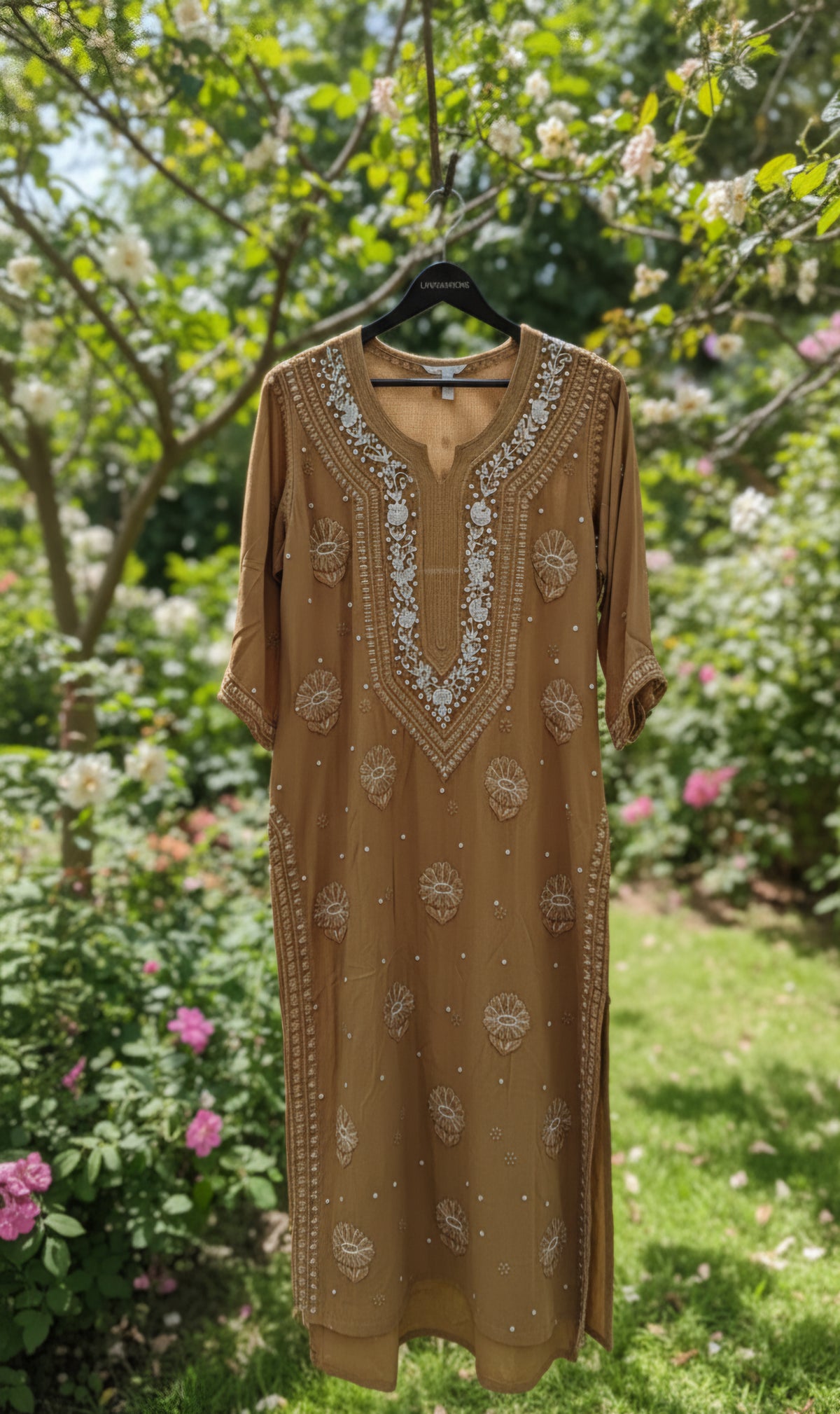 Dark brown Noori premium georgette Chikankari kurta with cutdana embroidery, handmade Lucknow Chikankari by LVW Fashions.