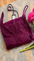 Dark scarlet premium georgette Chikankari tulip tunic by LVW Fashions, handmade Lucknow Chikankari kurta with intricate embroidery.