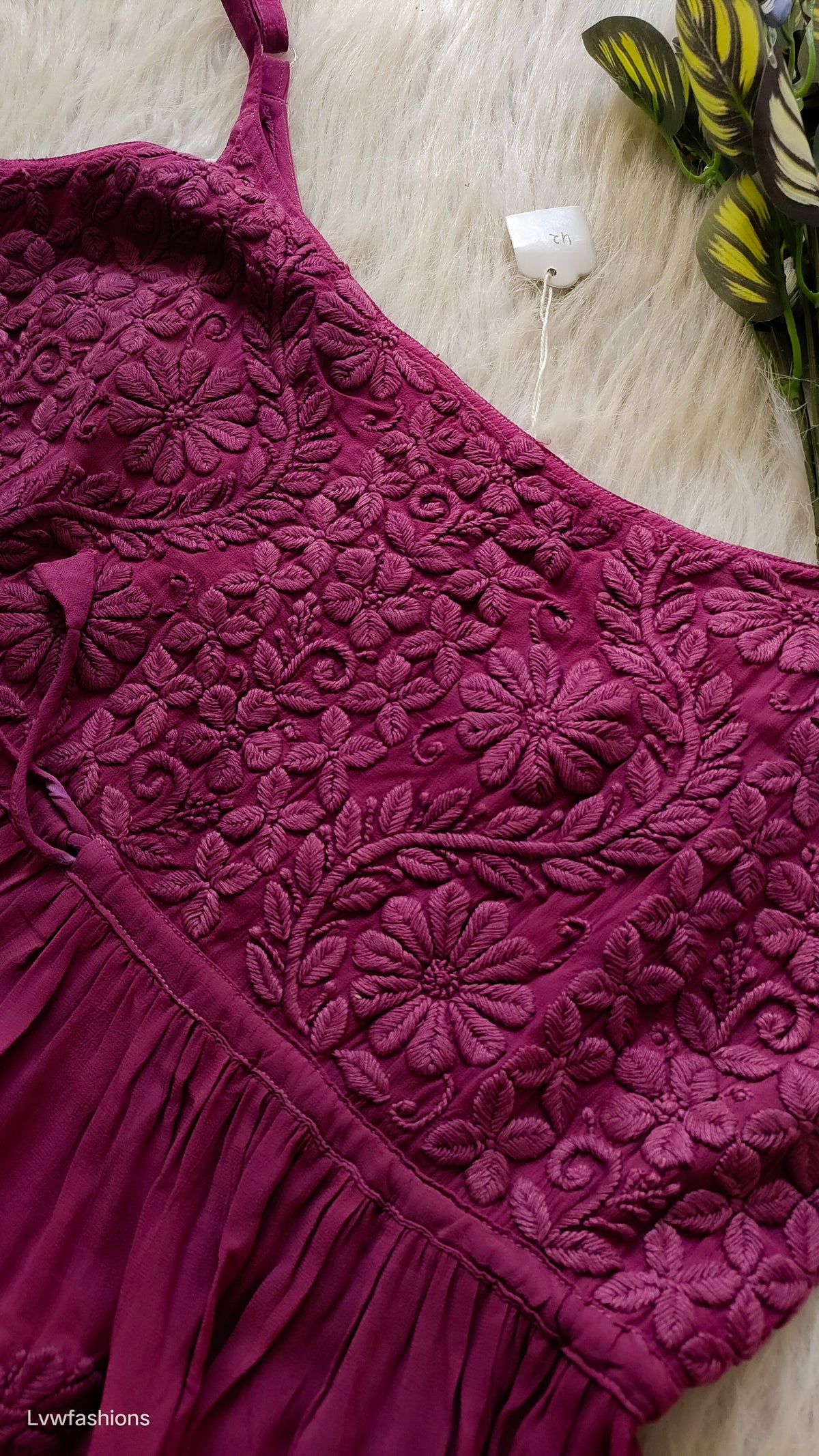 Dark scarlet premium georgette Chikankari tulip tunic by LVW Fashions, handcrafted Lucknow chikankari kurta with intricate embroidery.