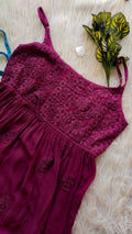 Dark scarlet premium georgette chikankari tulip tunic by LVW Fashions, handmade Lucknow chikankari kurta with intricate embroidery.