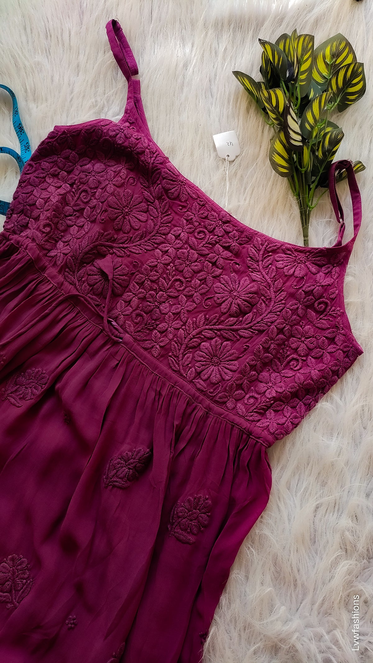 Dark scarlet premium georgette chikankari tulip tunic by LVW Fashions, handmade Lucknow chikankari kurta with intricate embroidery.