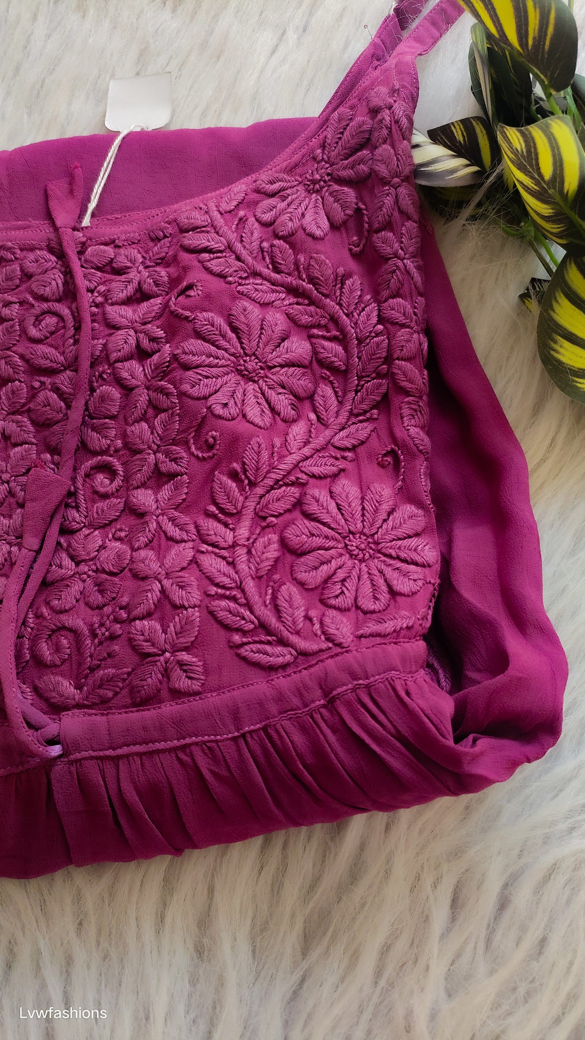 Dark scarlet premium georgette chikankari tulip tunic by LVW Fashions, handmade Lucknow chikankari kurta, showcasing intricate embroidery.