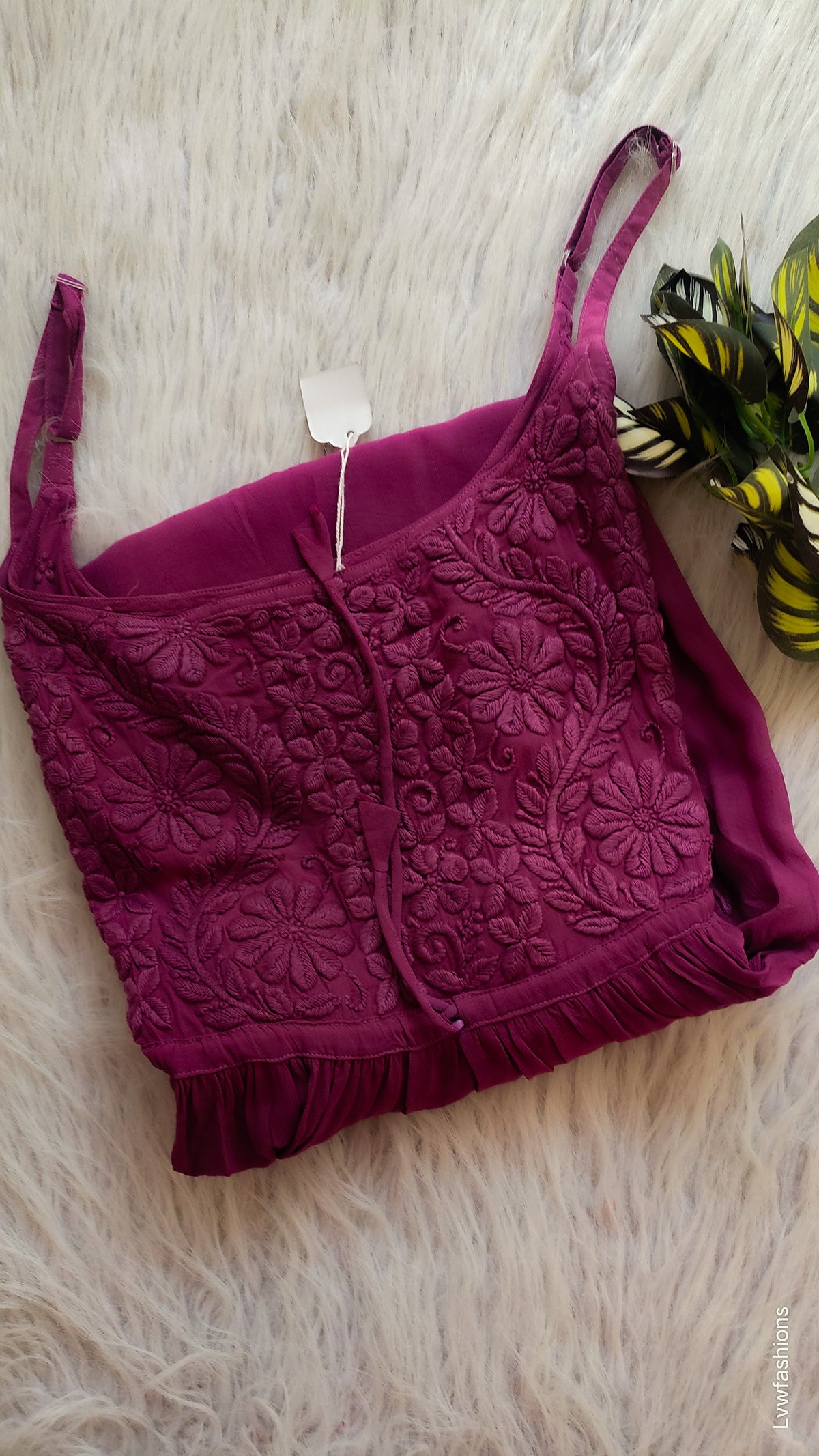 Dark scarlet premium georgette chikankari tulip tunic by LVW Fashions, handmade Lucknow chikankari kurta with intricate embroidery.