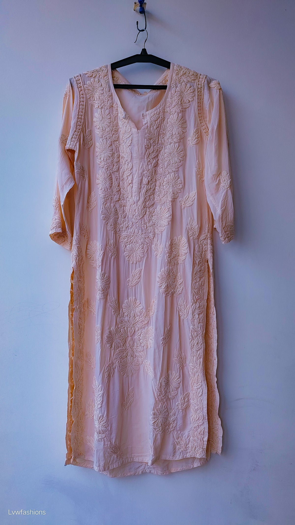Deep amethyst LVW Fashions handmade Chikankari Kurti in premium modal silk cotton fabric, featuring intricate Lucknow embroidery.