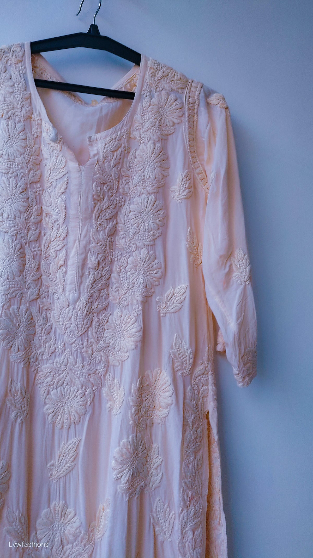 Deep amethyst LVW Fashions premium modal silk cotton chikankari kurti with intricate handmade Lucknow embroidery.